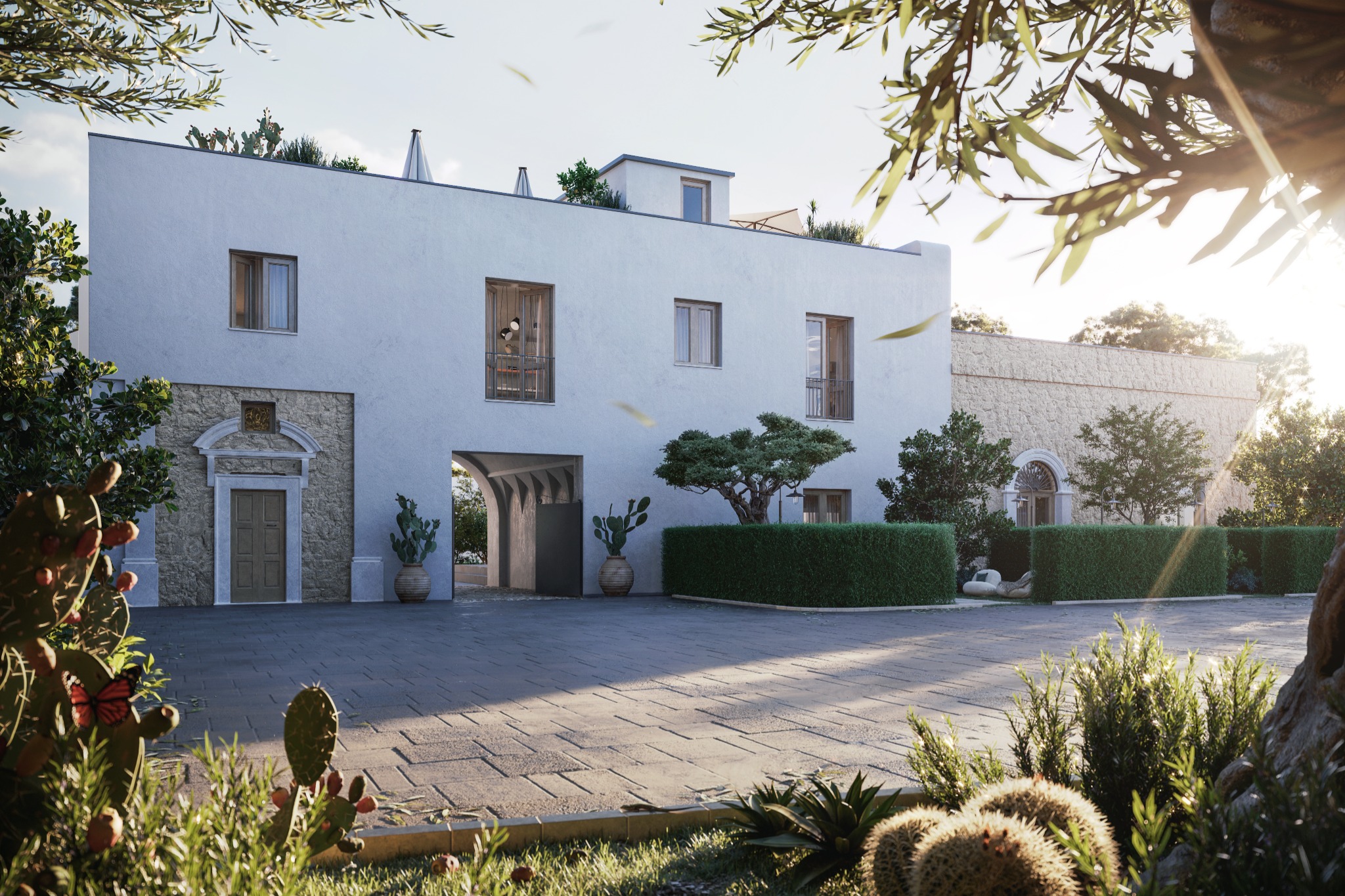 Rendering dell’ingresso e della facciata della Masseria Torrebella